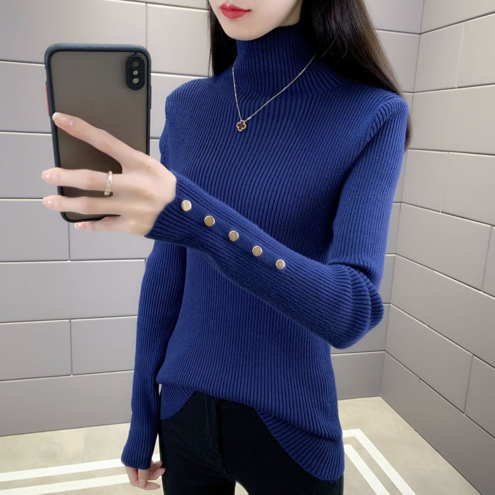 金ボタンハイネックリブニット｜オフィスカジュアル レディース 通販【ミレジェネ】