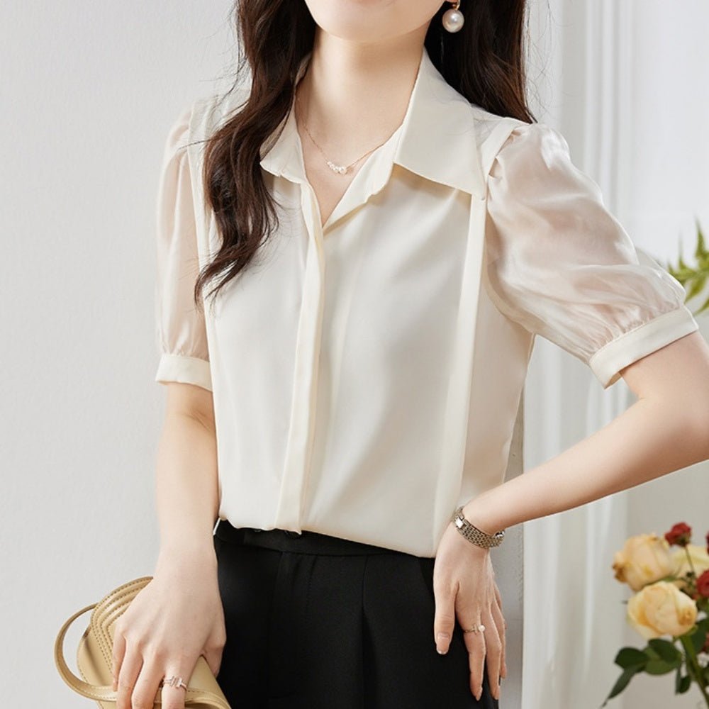 異素材切替パフスリーブブラウス｜オフィスカジュアル レディース 通販【ミレジェネ】