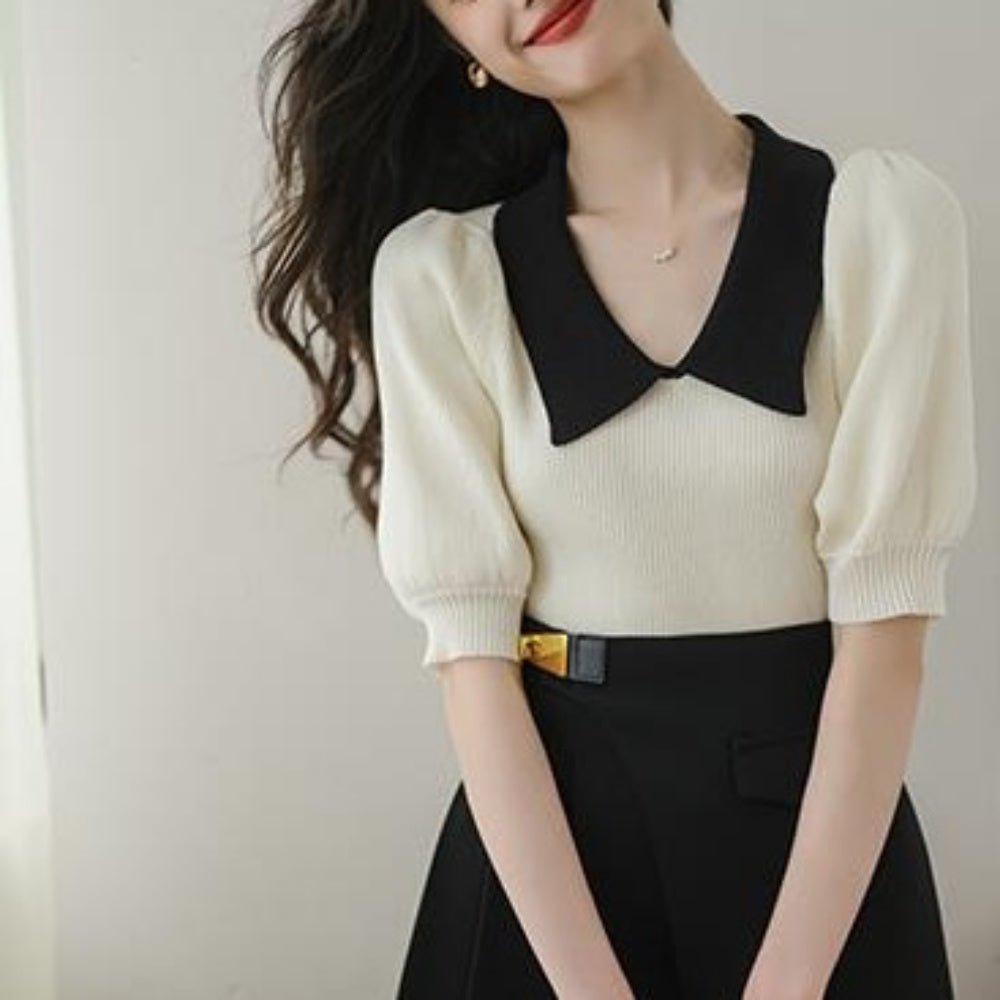 バイカラー襟付きパフスリーブニット｜オフィスカジュアル レディース