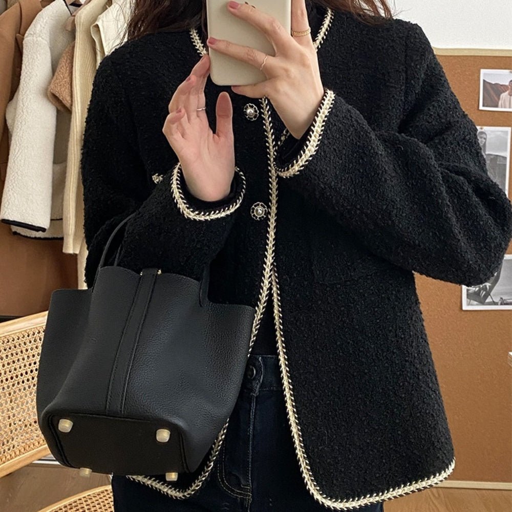 ショート丈ポケット付きツイードジャケット｜オフィスカジュアル