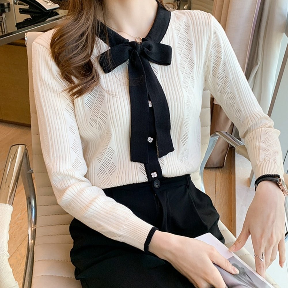 配色ボウタイ付きカーデ風ニットトップス｜オフィスカジュアル レディース 通販【ミレジェネ】