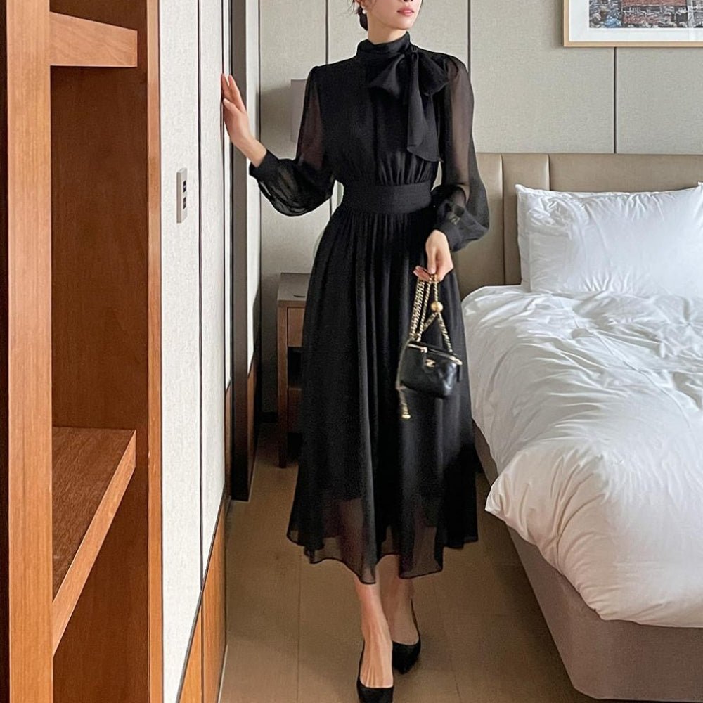 ボウタイネックシフォンフレアワンピース｜オフィスカジュアル レディース 通販【ミレジェネ】