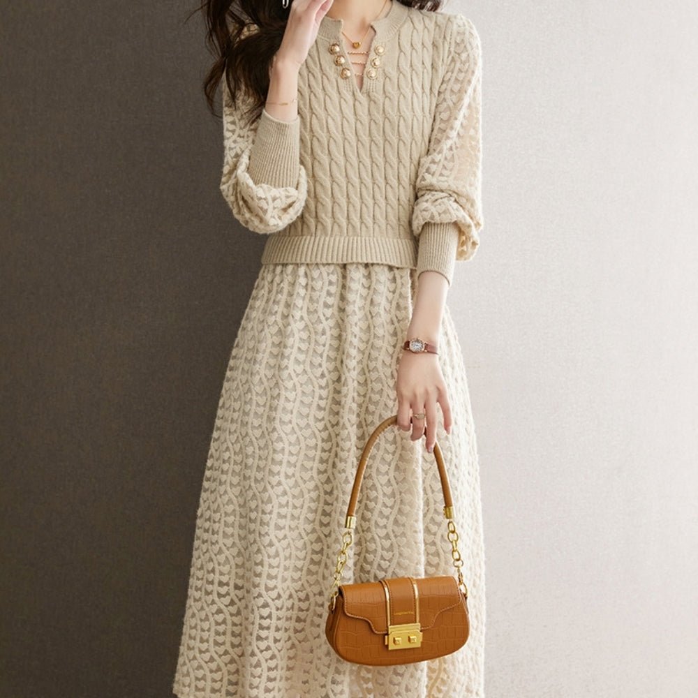 ランタンスリーブシースルー編みニットワンピース｜オフィスカジュアル レディース 通販【ミレジェネ】