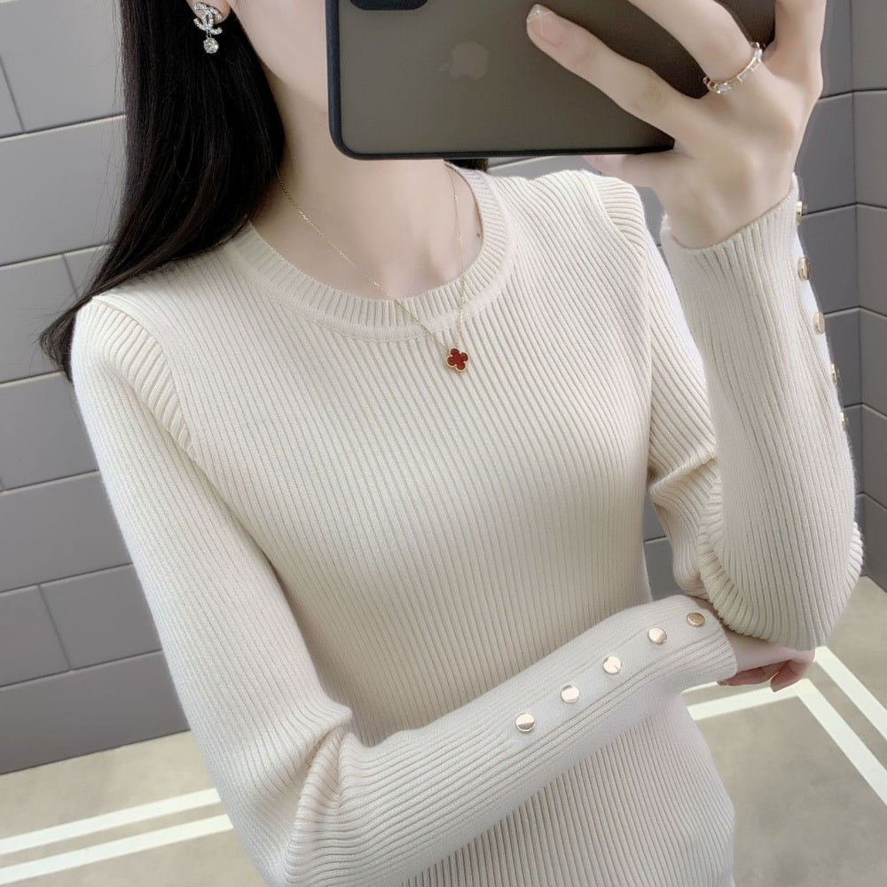 金ボタンクルーネックリブニット｜オフィスカジュアル レディース 通販【ミレジェネ】