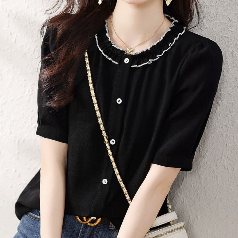 フリル襟配色ブラウス｜オフィスカジュアル レディース 通販【ミレジェネ】