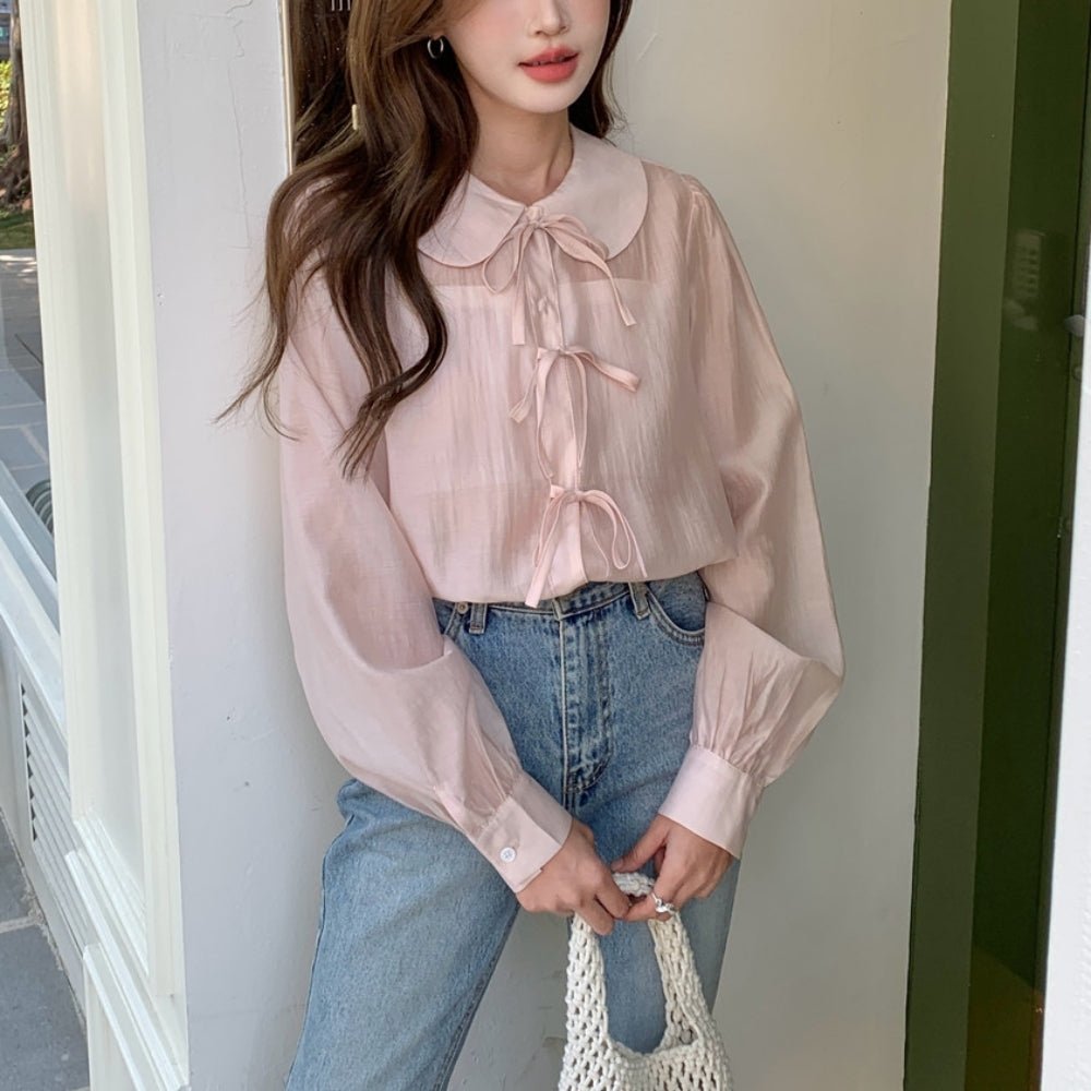 フラットカラーナローリボンシアーブラウス｜オフィスカジュアル レディース 通販【ミレジェネ】