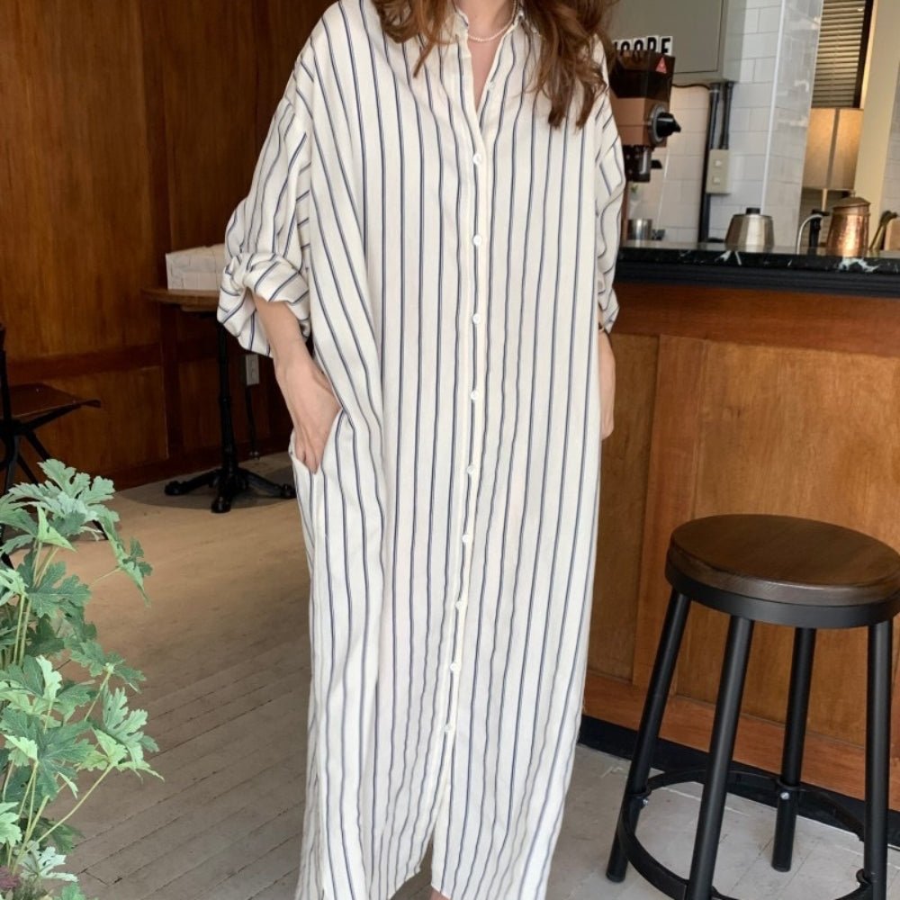 【骨格ナチュラルさんにおすすめ】ストライプロングシャツワンピース [ミレジェネ]｜オフィスカジュアル レディース 通販【ミレジェネ】