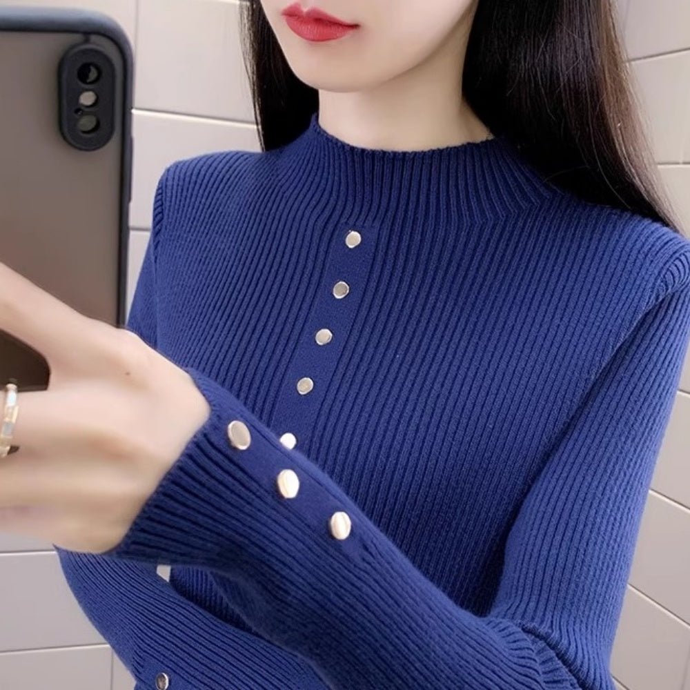 金ボタンデザインハイネックリブニット｜オフィスカジュアル レディース 通販【ミレジェネ】