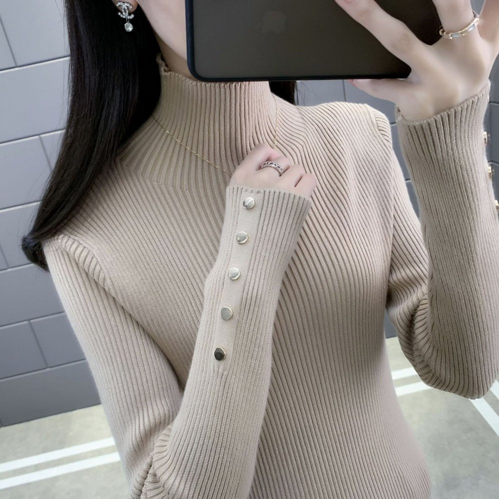 金ボタンハイネックリブニット｜オフィスカジュアル レディース 通販【ミレジェネ】