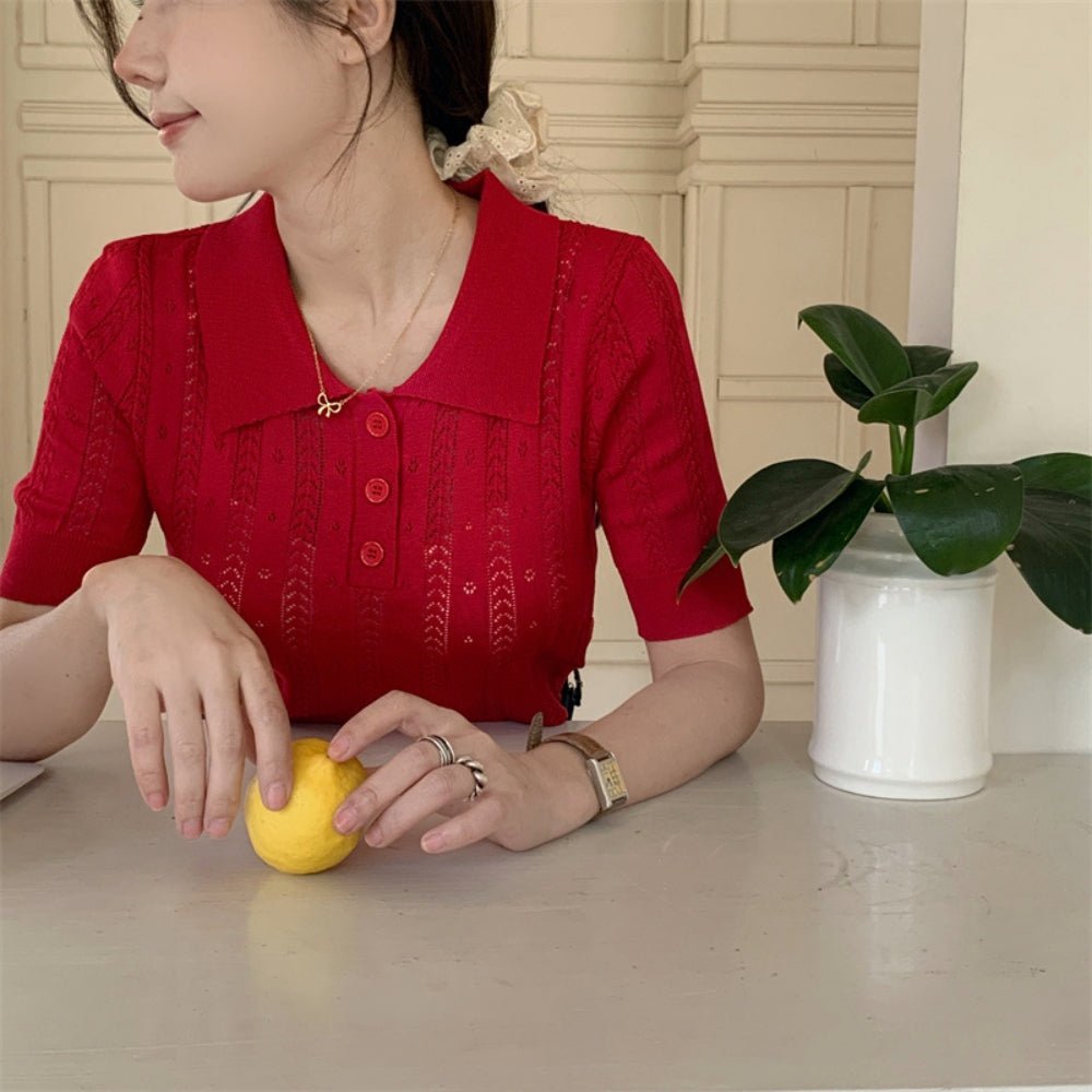 【骨格ストレートさんにおすすめ】透かし編みニットポロトップス[ミレジェネ]｜オフィスカジュアル レディース 通販【ミレジェネ】