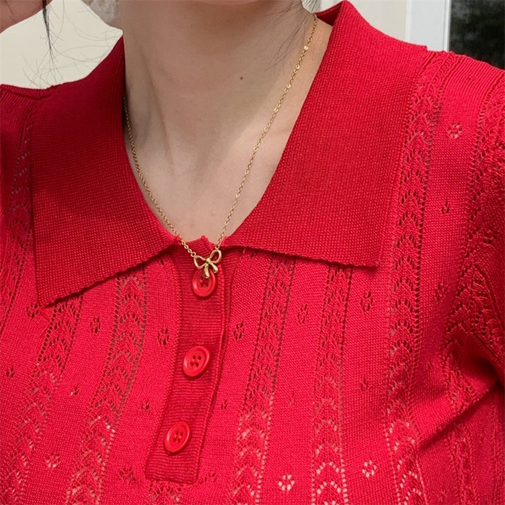 【骨格ストレートさんにおすすめ】透かし編みニットポロトップス[ミレジェネ]｜オフィスカジュアル レディース 通販【ミレジェネ】