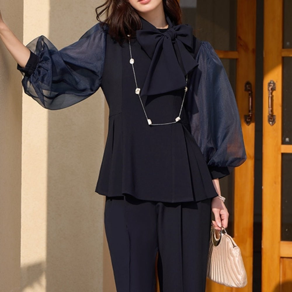 専用【極美品】セレリ 25SS パフスリーブシャツ ジップ アップ 黒 パフスリーブリボンセットアップ｜オフィスカジュアル レディース 通販