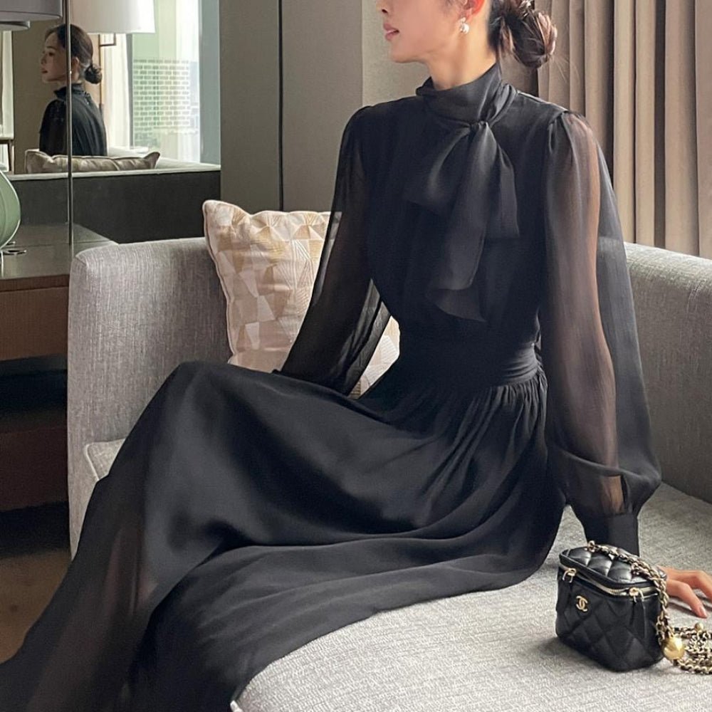 ボウタイネックシフォンフレアワンピース｜オフィスカジュアル レディース 通販【ミレジェネ】