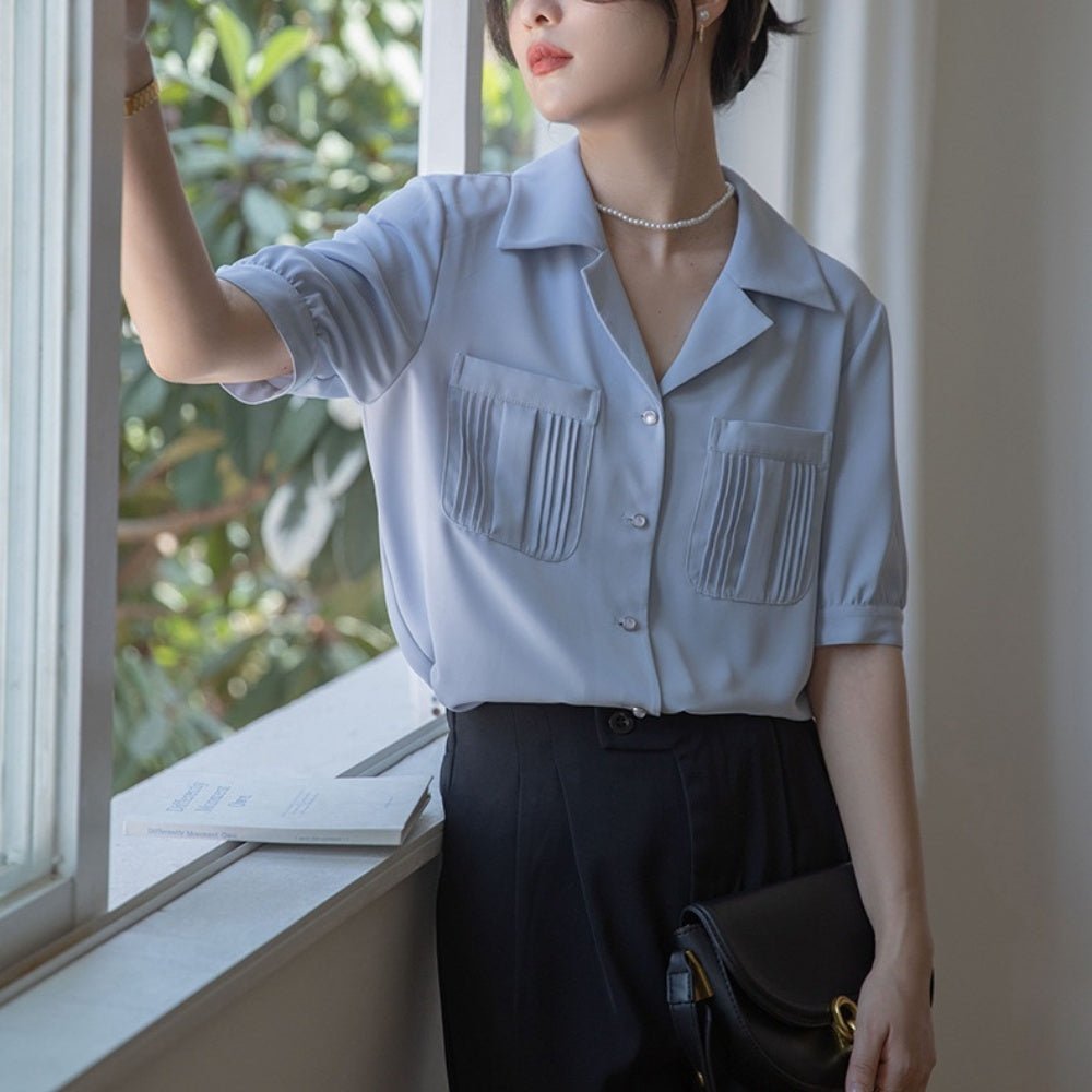ポケット付きオープンカラーシャツ｜オフィスカジュアル レディース