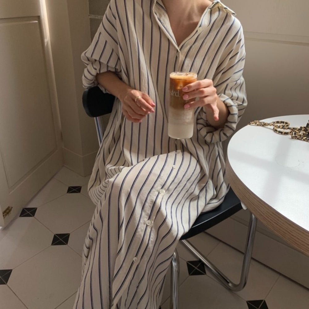 【骨格ナチュラルさんにおすすめ】ストライプロングシャツワンピース [ミレジェネ]｜オフィスカジュアル レディース 通販【ミレジェネ】