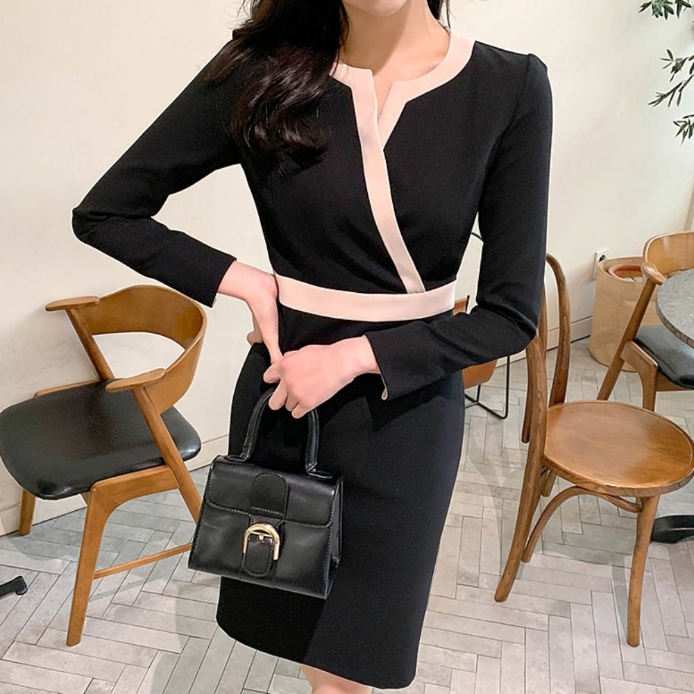 配色ラインＶネックスリムワンピース｜オフィスカジュアル レディース 通販【ミレジェネ】