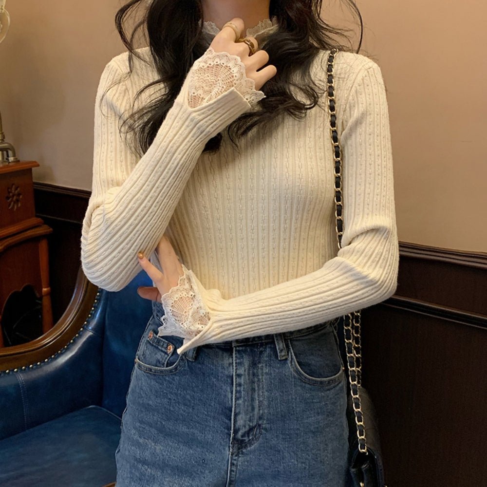 レースハイネックリブニットトップス｜オフィスカジュアル レディース 通販【ミレジェネ】