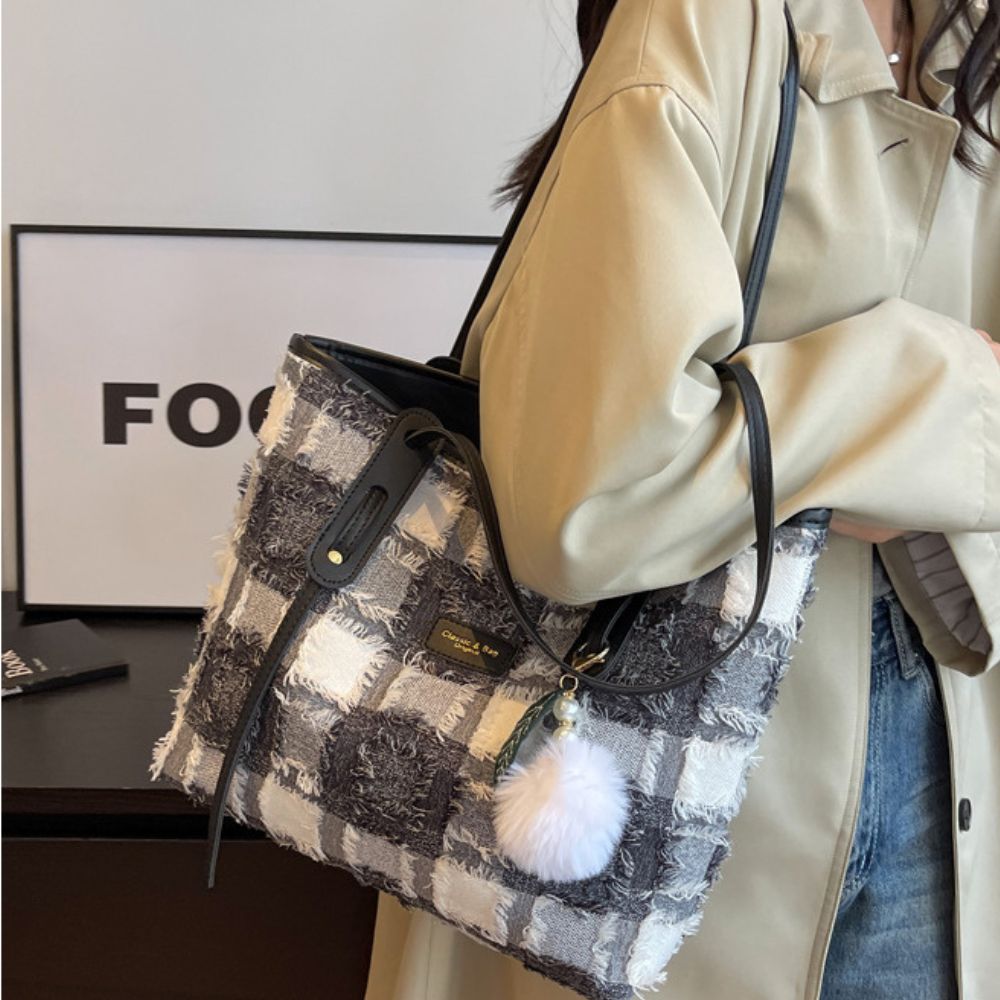 大容量チェック柄帆布肩掛けトートバッグ｜オフィスカジュアル