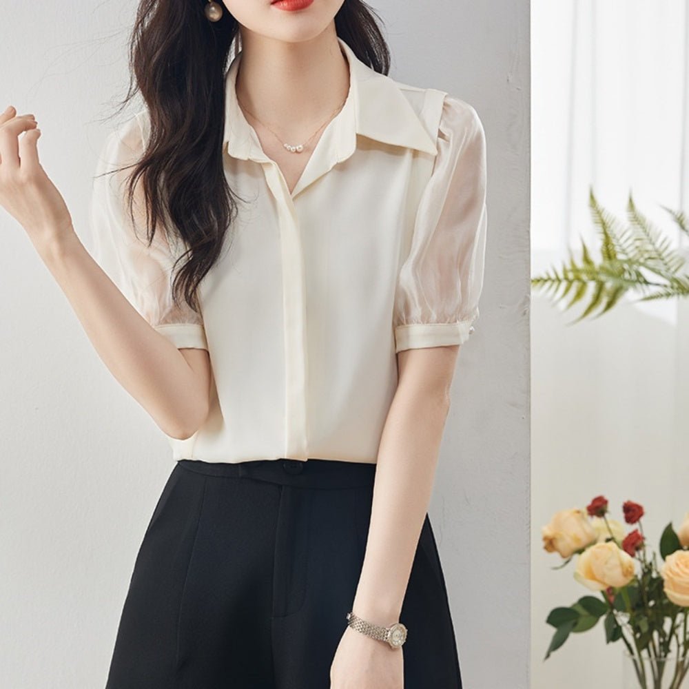 異素材切替パフスリーブブラウス｜オフィスカジュアル レディース 通販【ミレジェネ】