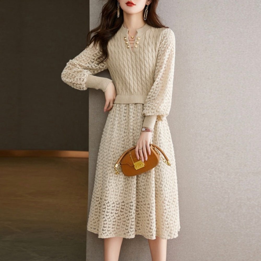 ランタンスリーブシースルー編みニットワンピース｜オフィスカジュアル レディース 通販【ミレジェネ】