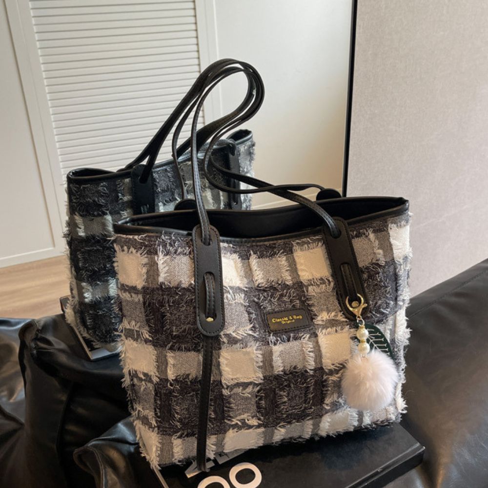 大容量チェック柄帆布肩掛けトートバッグ｜オフィスカジュアル