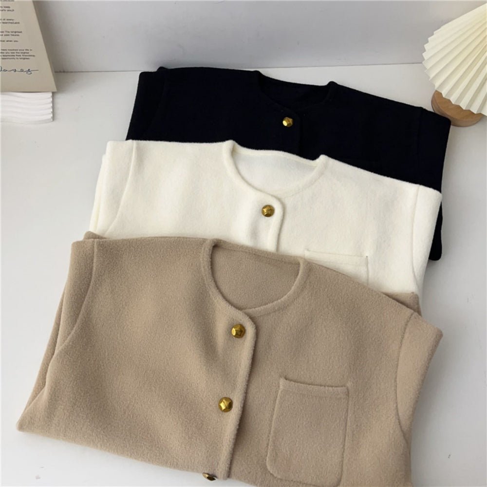 ゴールドボタンノーカラージャケット｜オフィスカジュアル レディース