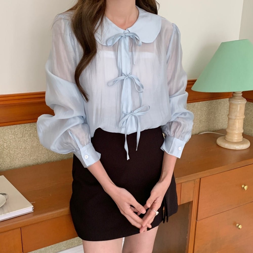 フラットカラーナローリボンシアーブラウス｜オフィスカジュアル レディース 通販【ミレジェネ】