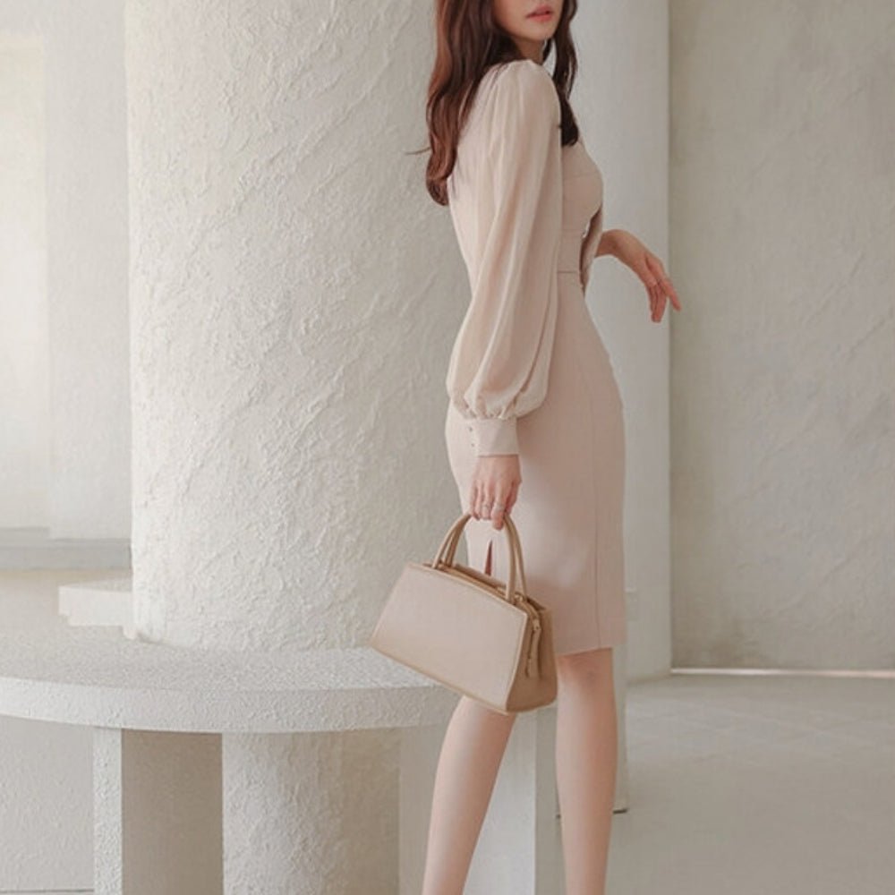 リボン付きシアー袖スリムワンピース｜オフィスカジュアル レディース 通販【ミレジェネ】