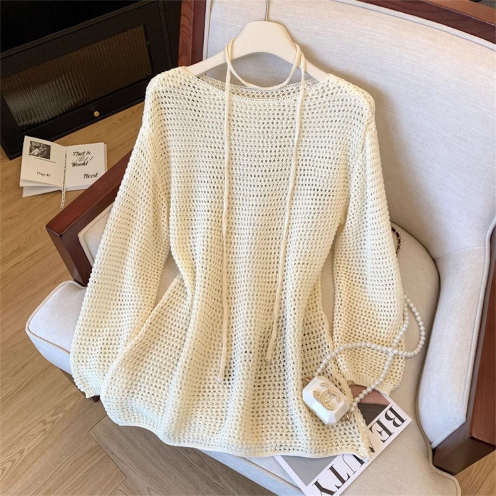 【着痩せ/通勤】ナローリボン付きメッシュニットトップス[ミレジェネ]｜オフィスカジュアル レディース 通販【ミレジェネ】