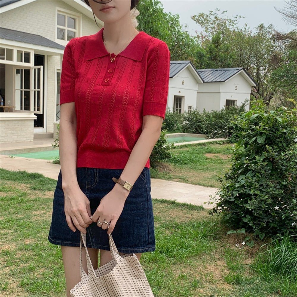 【骨格ストレートさんにおすすめ】透かし編みニットポロトップス[ミレジェネ]｜オフィスカジュアル レディース 通販【ミレジェネ】