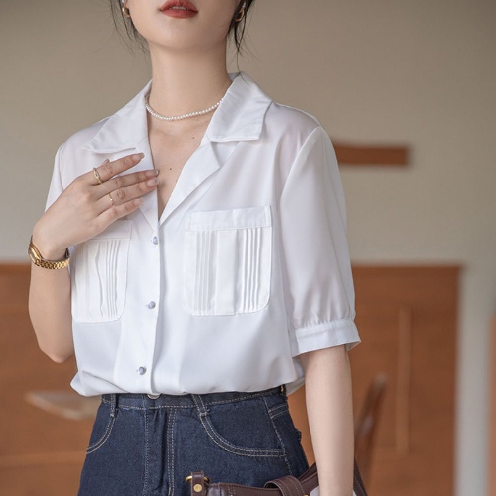 ポケット付きオープンカラーシャツ｜オフィスカジュアル レディース