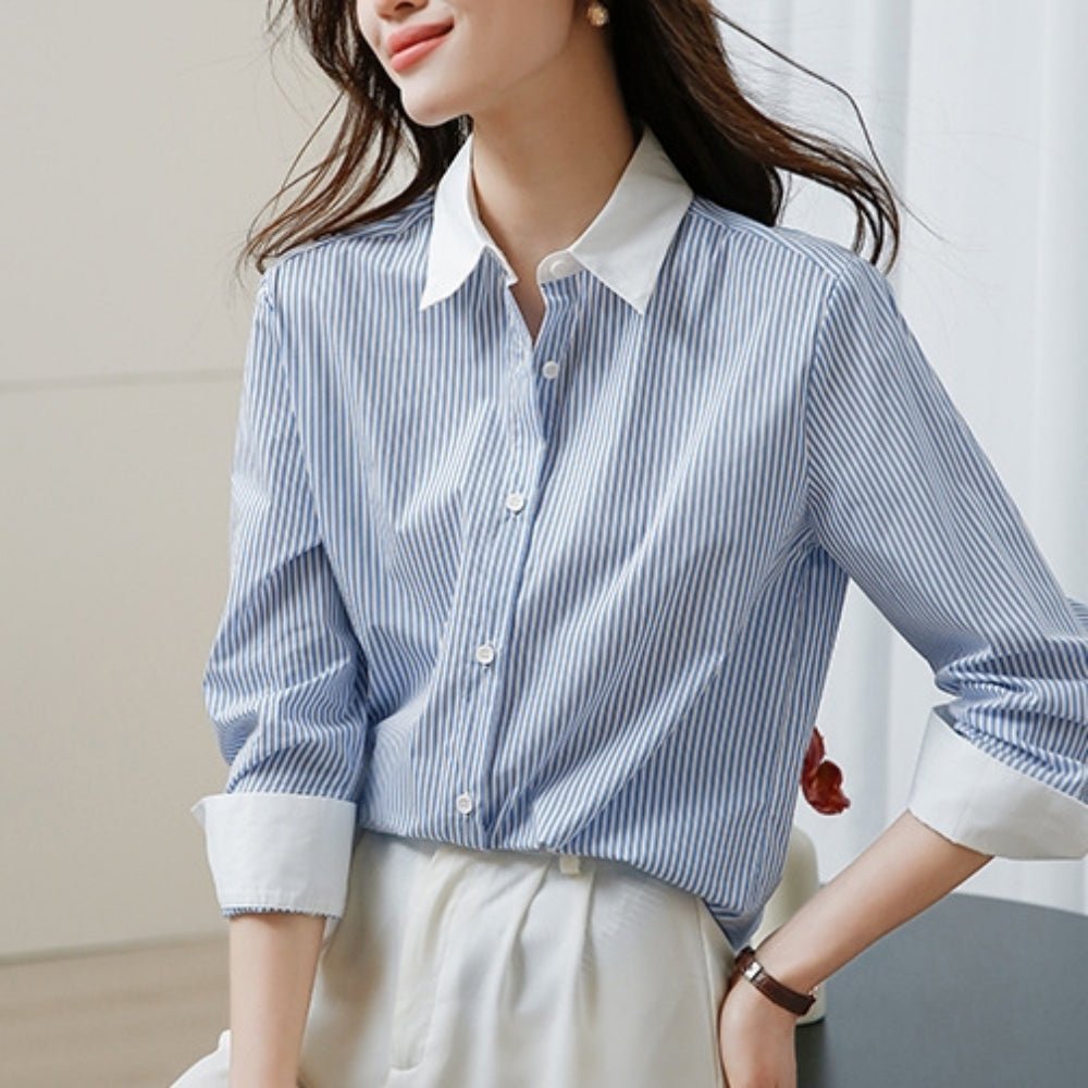 【通勤/きれいめ】ストライプ柄クレリックシャツ[ミレジェネ]｜オフィスカジュアル レディース 通販【ミレジェネ】