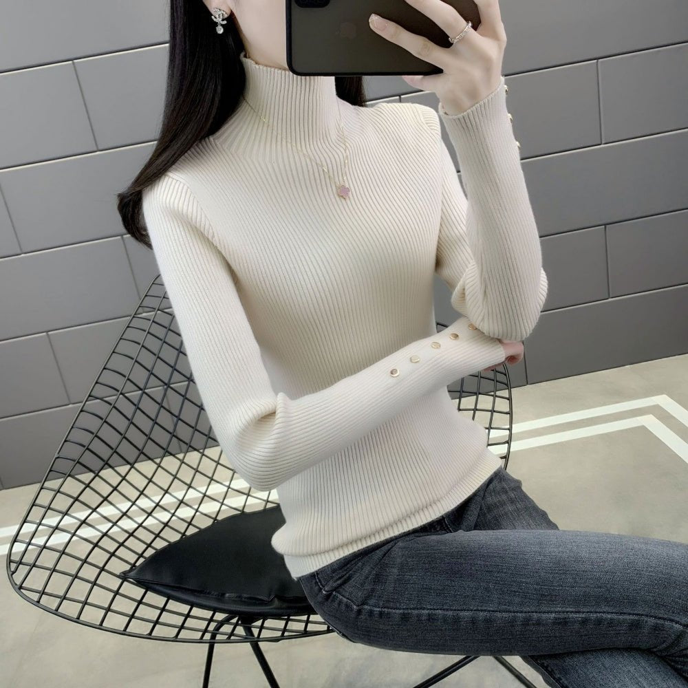 金ボタンハイネックリブニット｜オフィスカジュアル レディース 通販【ミレジェネ】
