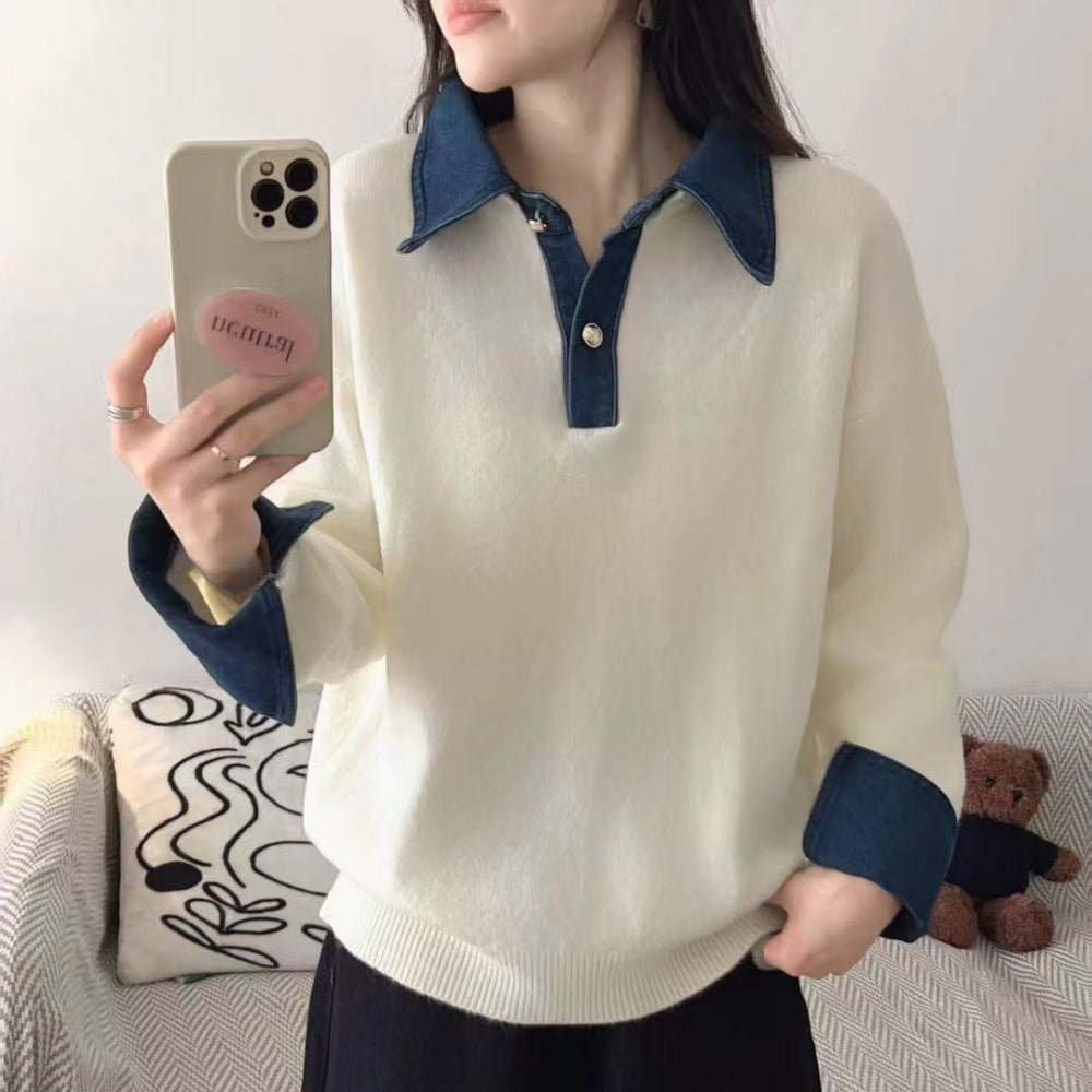 襟袖デニムフェイクレイヤードニット｜オフィスカジュアル レディース 通販【ミレジェネ】