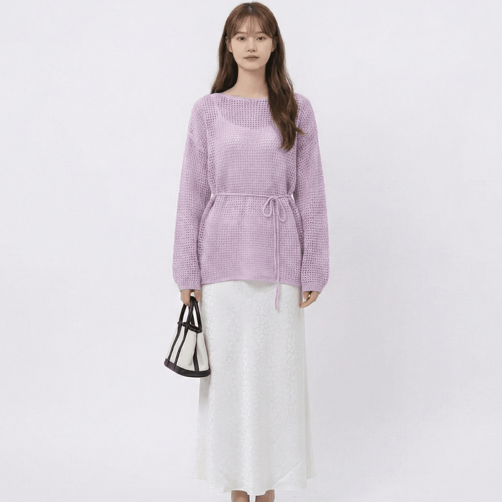 【着痩せ/通勤】ナローリボン付きメッシュニットトップス[ミレジェネ]｜オフィスカジュアル レディース 通販【ミレジェネ】