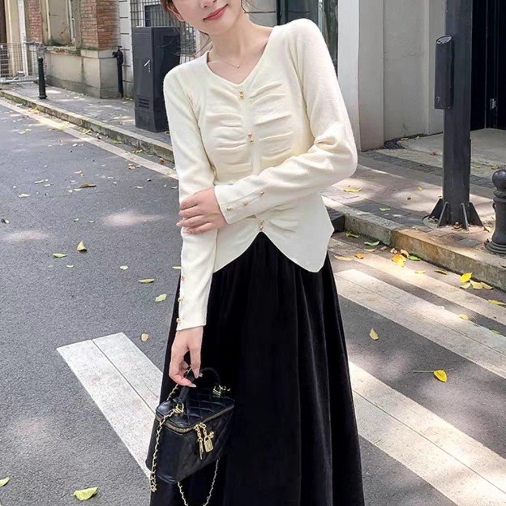 ゴールドボタンハートネックニットトップス｜オフィスカジュアル レディース 通販【ミレジェネ】