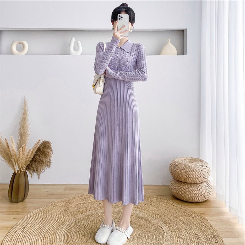 襟付リブ網フロント飾りボタンワンピース｜オフィスカジュアル