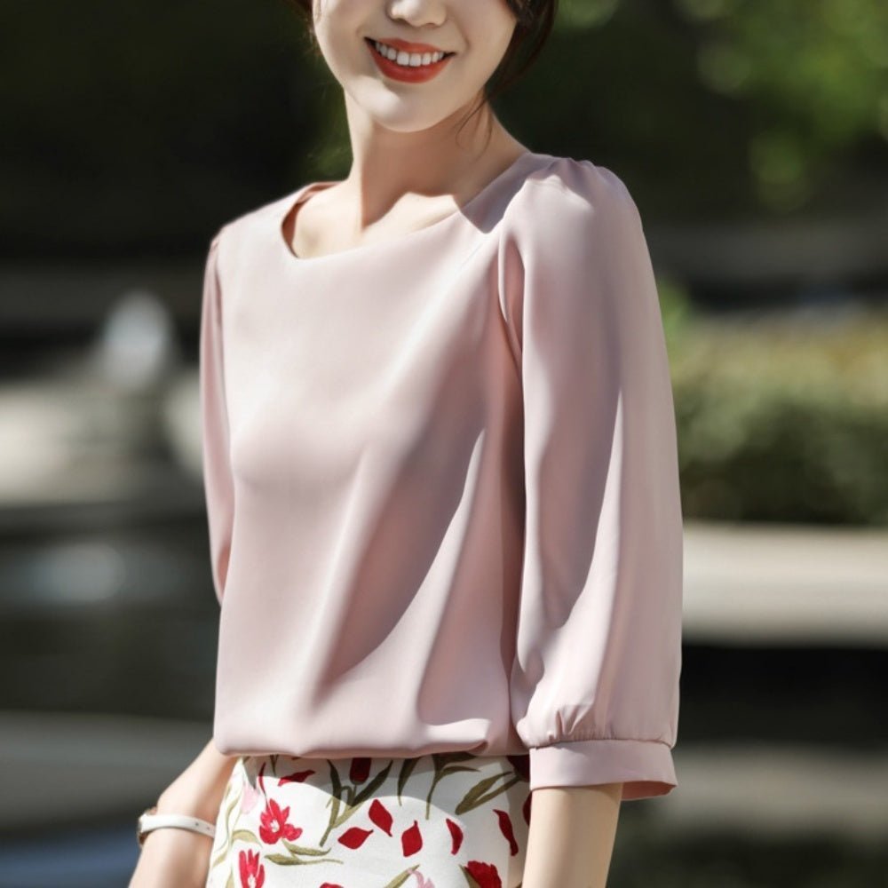 ボートネックパフスリーブ七分袖ブラウス｜オフィスカジュアル