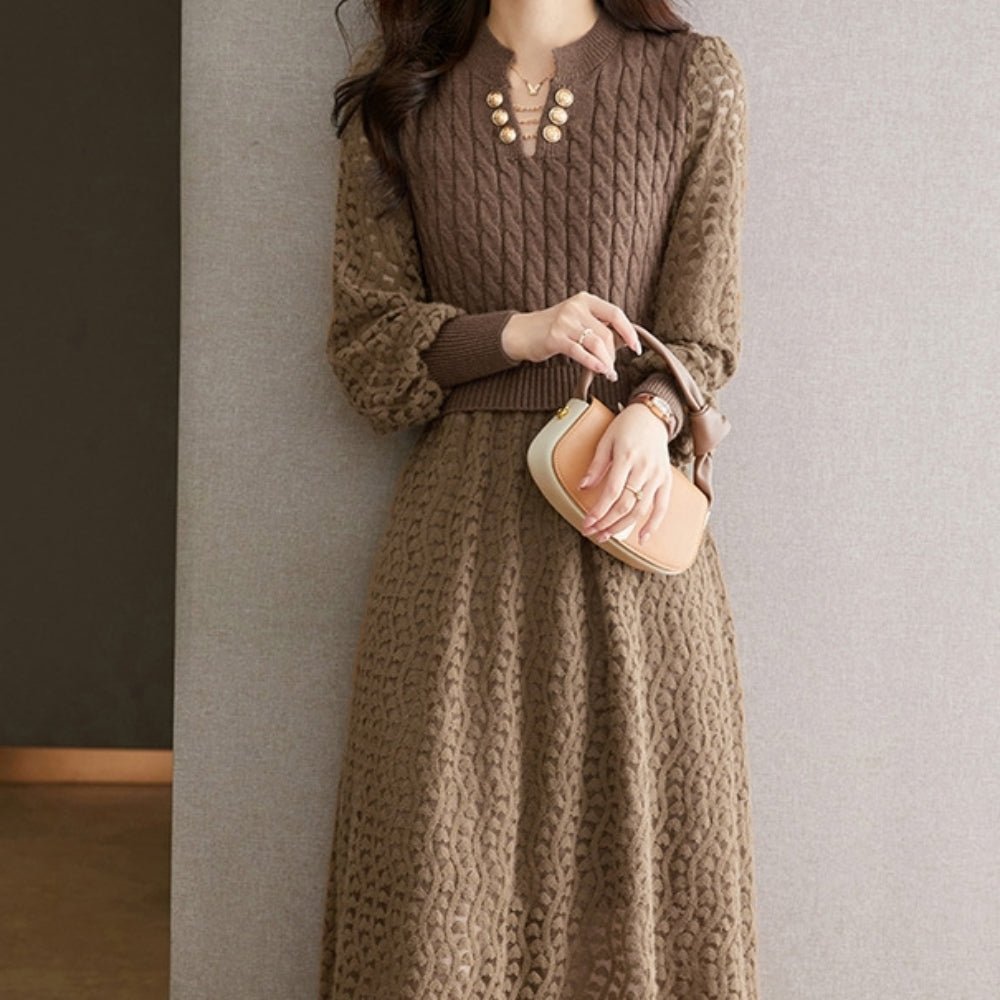 ランタンスリーブシースルー編みニットワンピース｜オフィスカジュアル レディース 通販【ミレジェネ】