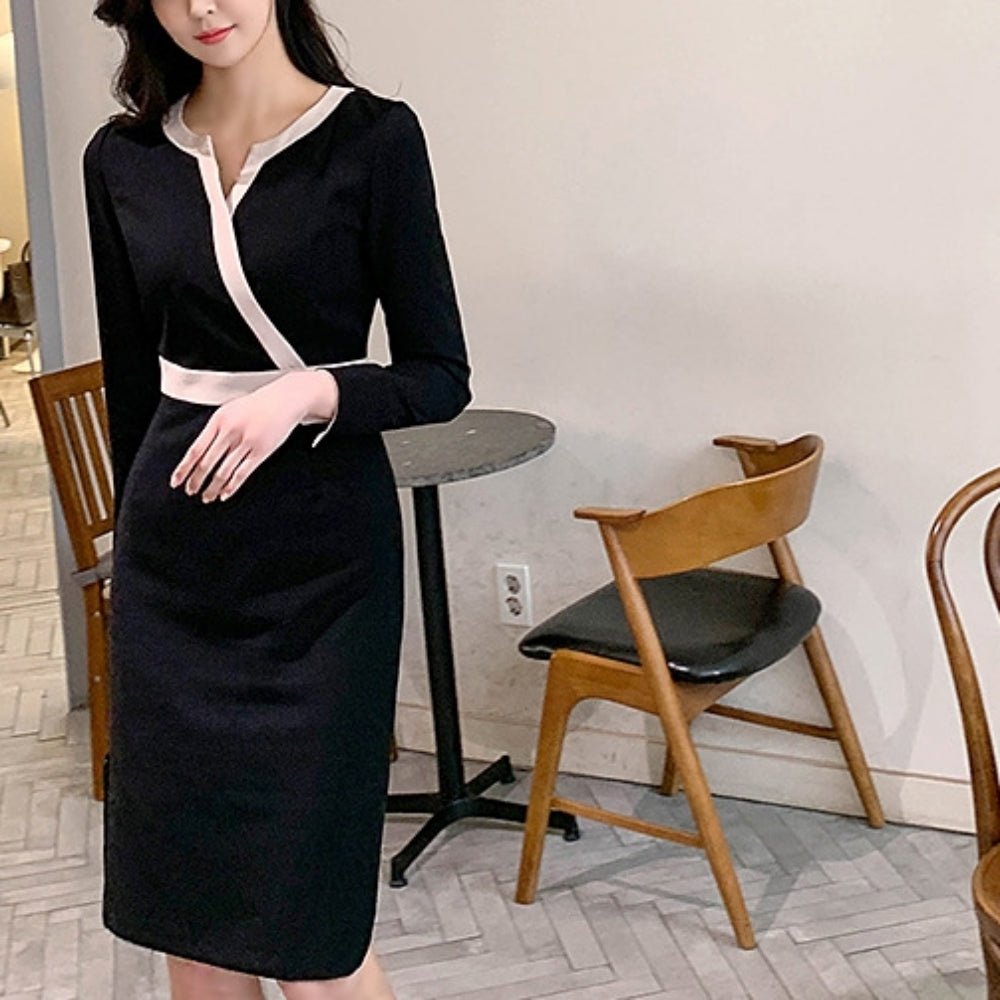 配色ラインＶネックスリムワンピース｜オフィスカジュアル レディース 通販【ミレジェネ】