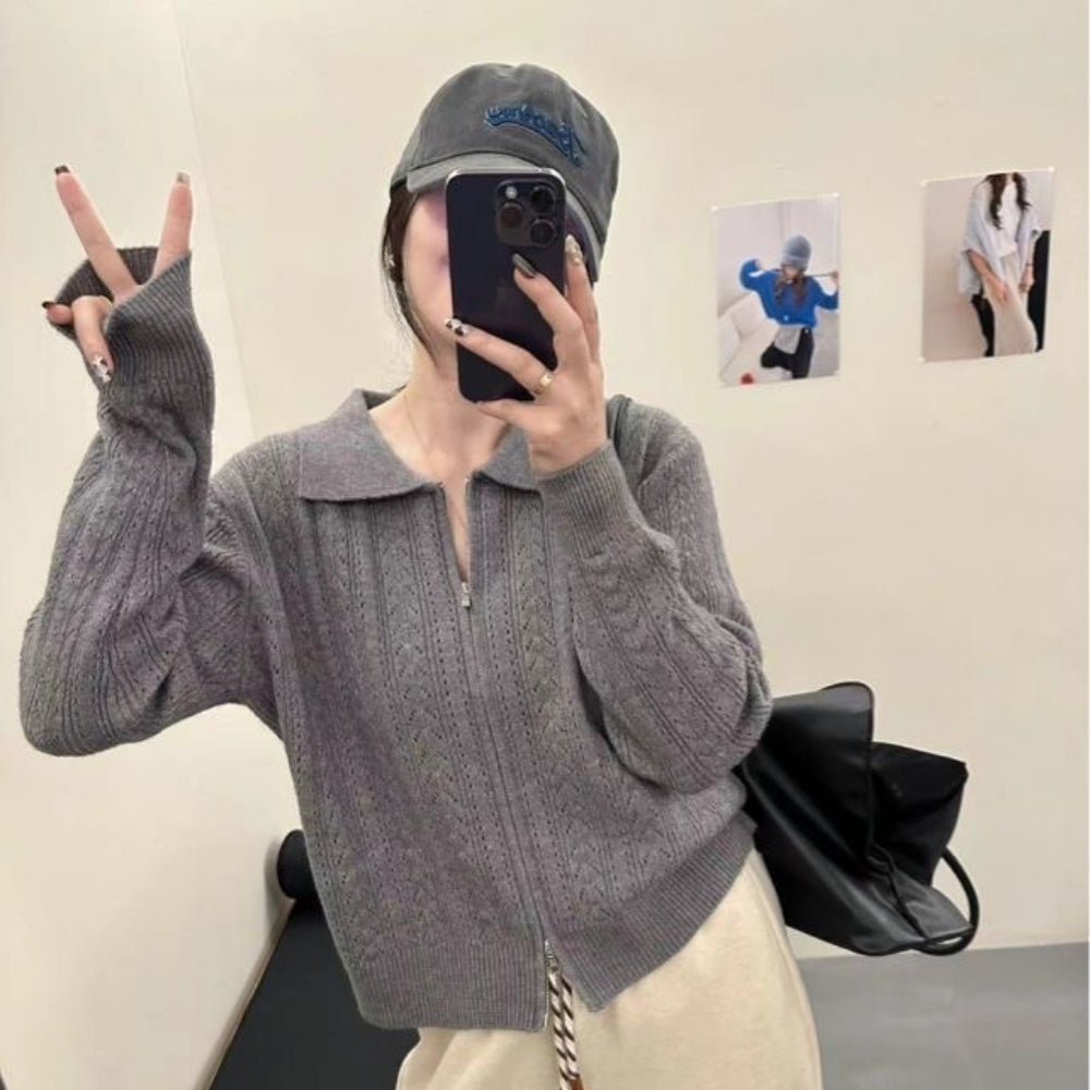 襟付き透かし編みジップアップカーデ｜オフィスカジュアル レディース 通販【ミレジェネ】