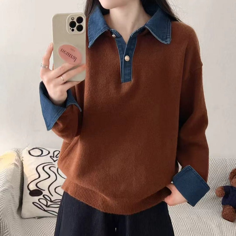 襟袖デニムフェイクレイヤードニット｜オフィスカジュアル レディース 通販【ミレジェネ】