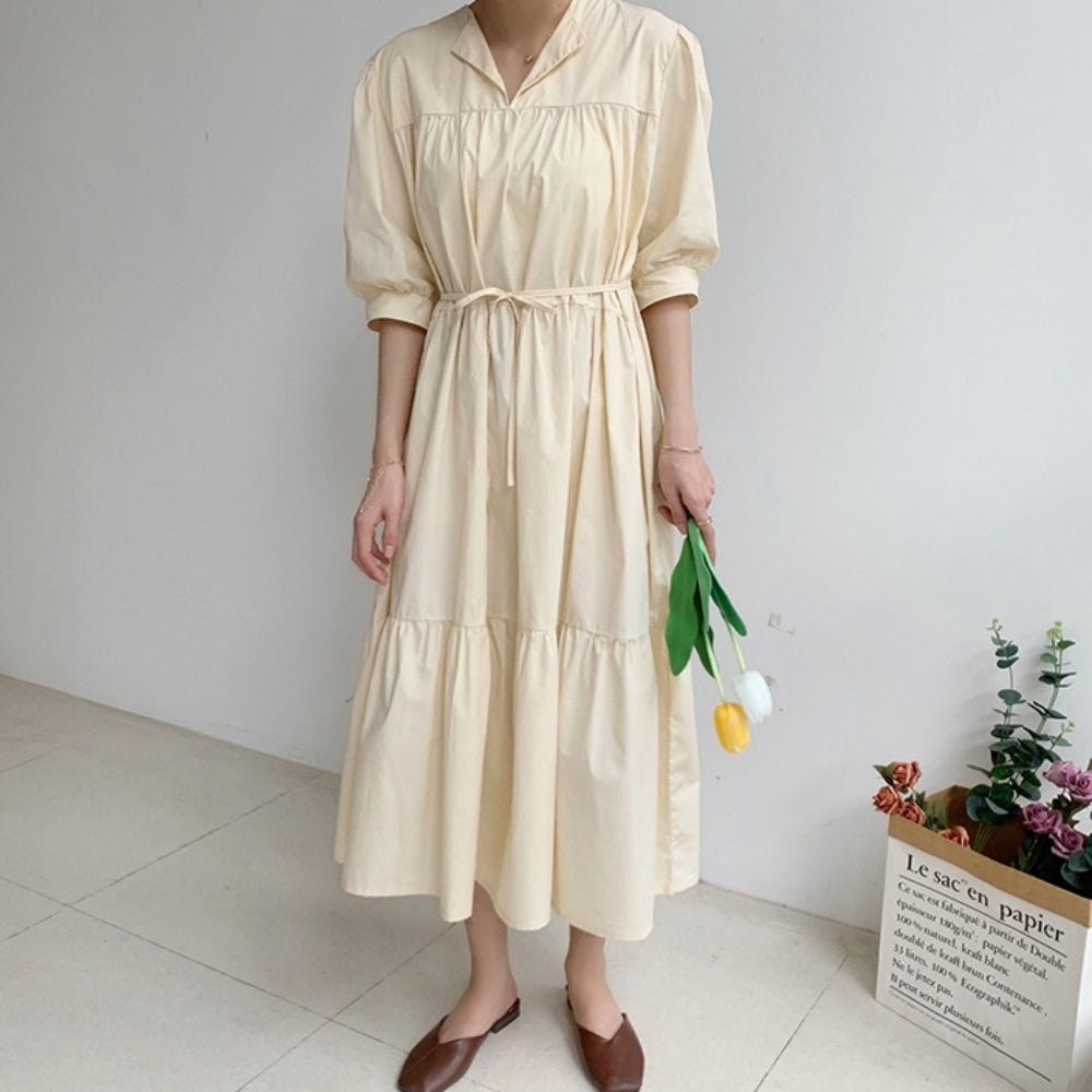 開襟パフスリーブティアードワンピース｜オフィスカジュアル