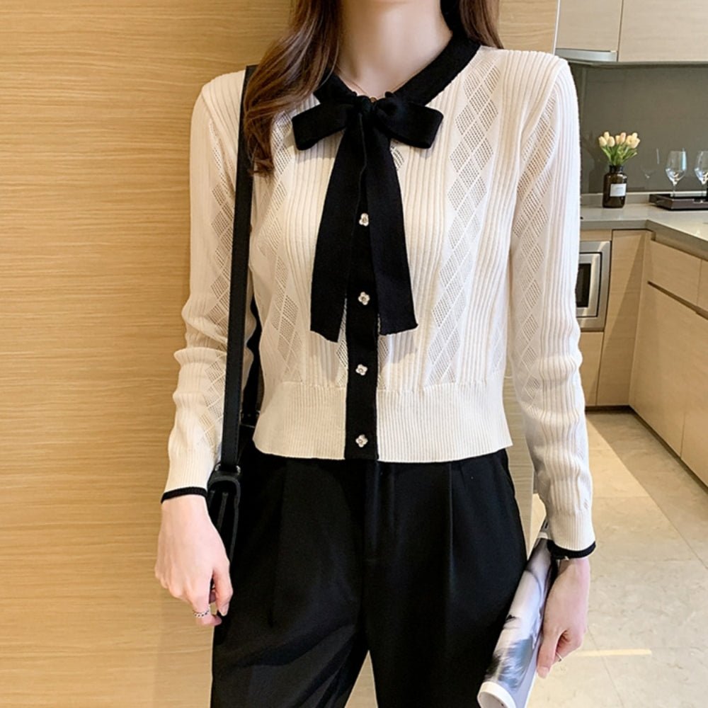 配色ボウタイ付きカーデ風ニットトップス｜オフィスカジュアル レディース 通販【ミレジェネ】