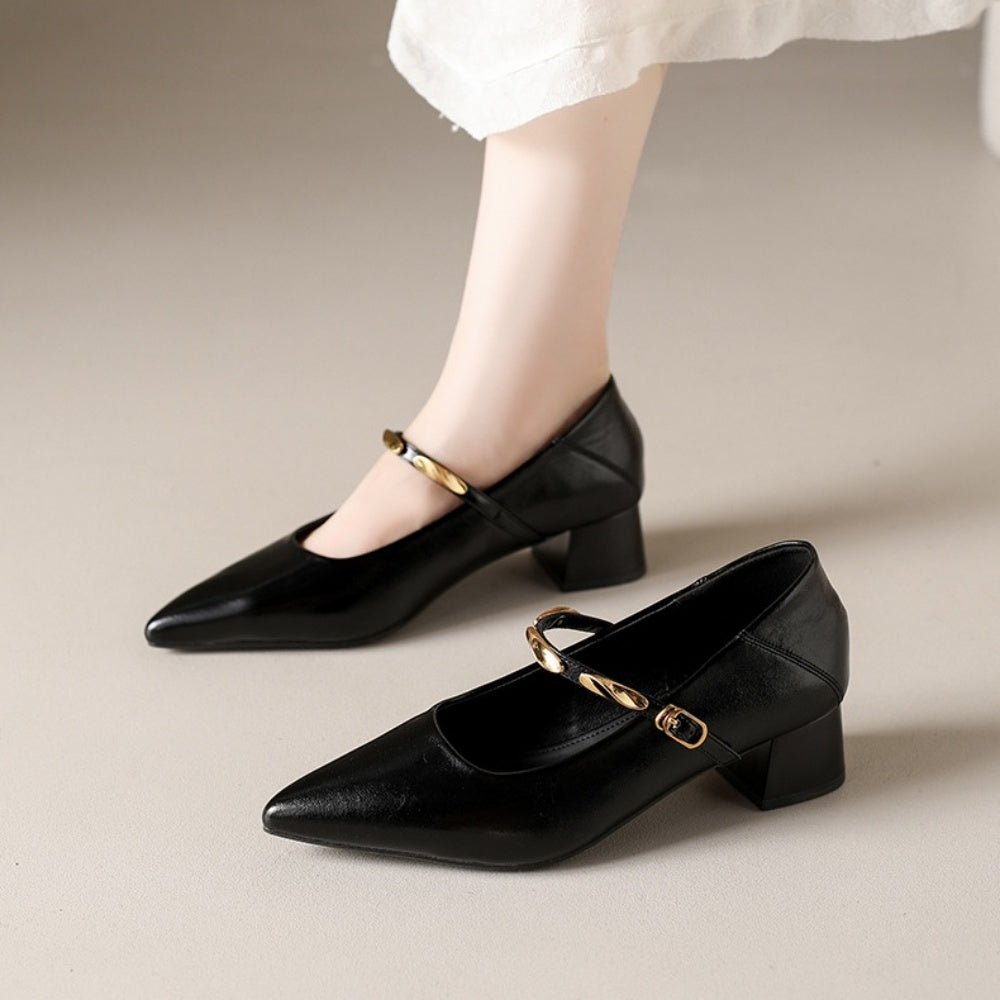 美品✨OHGA STRAP PUMPS ゴールド ストラップ スクエア 24cm スクエアヒールゴールドストラップパンプス｜オフィスカジュアル