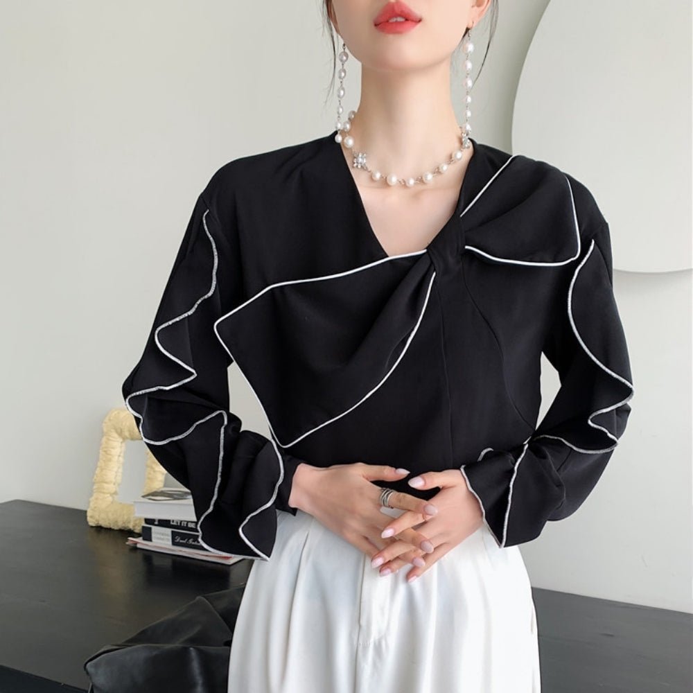 バイカラービッグリボンフリルブラウス｜オフィスカジュアル レディース 通販【ミレジェネ】