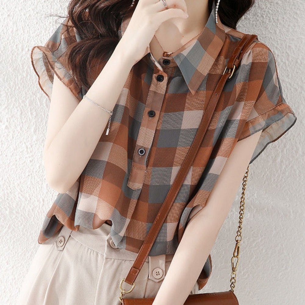 【骨格ストレートさんにおすすめ】ブロックチェックフリルブラウス[ミレジェネ]｜オフィスカジュアル レディース 通販【ミレジェネ】