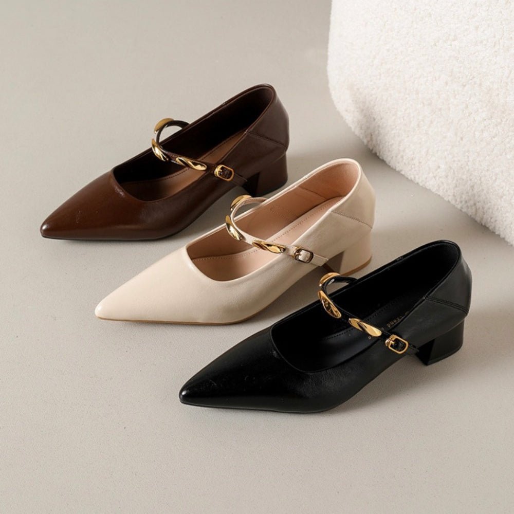 スクエアヒールゴールドストラップパンプス｜オフィスカジュアル レディース 通販【ミレジェネ】