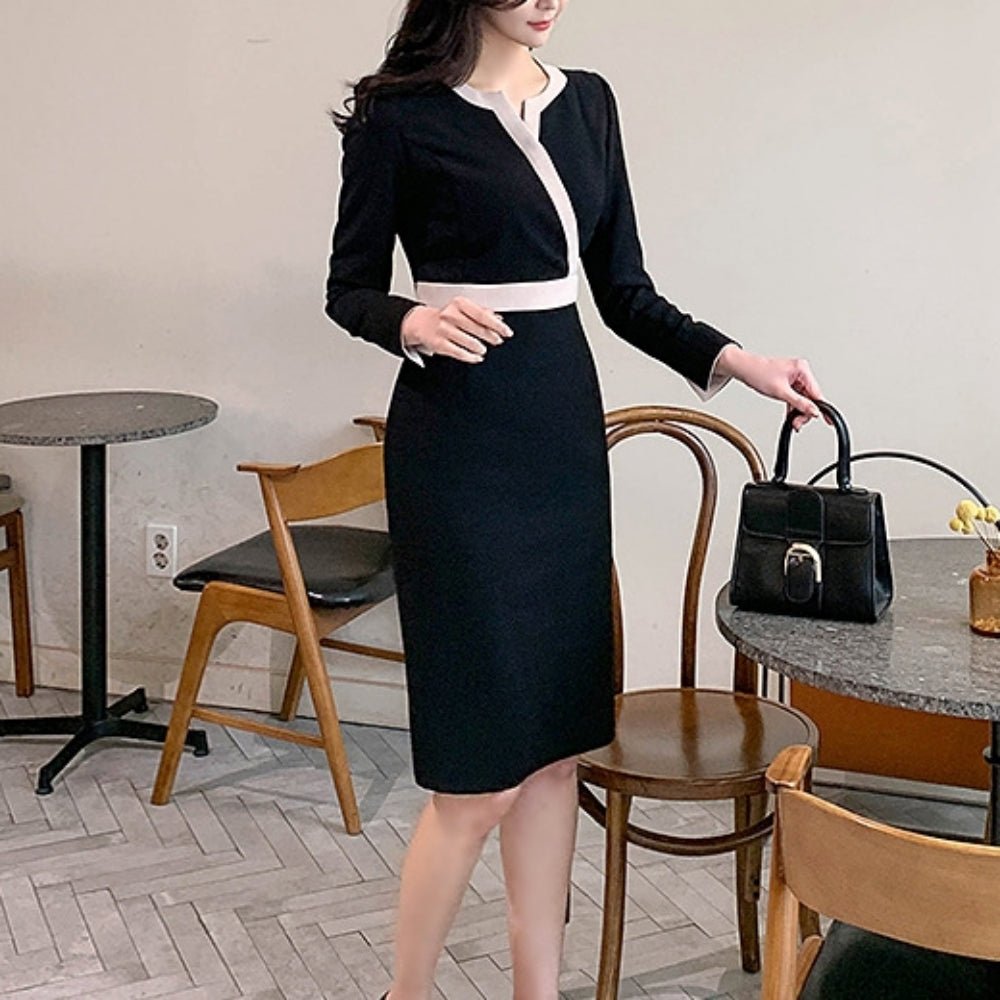 配色ラインＶネックスリムワンピース｜オフィスカジュアル レディース 通販【ミレジェネ】