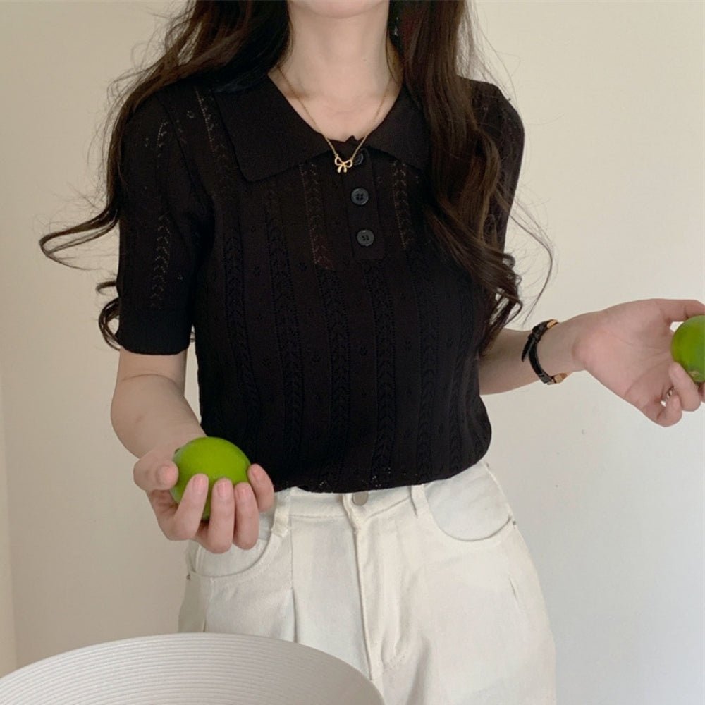 【骨格ストレートさんにおすすめ】透かし編みニットポロトップス[ミレジェネ]｜オフィスカジュアル レディース 通販【ミレジェネ】